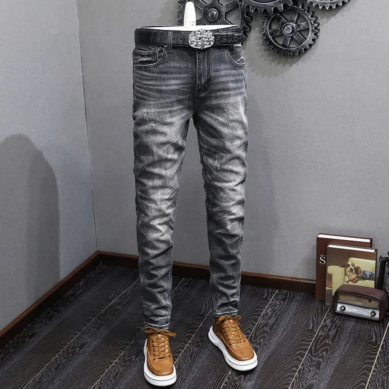 

Vintage Fashion Men Jeans High Quality Retro Black Gray Stretch Slim Fit Ripped Jeans Men Italian Style Designer Denim Pants