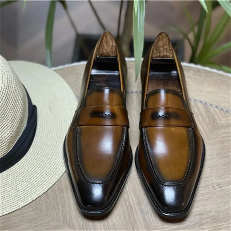 Classic Handmade Mens Genuine Leather Loafers  Slip-on Retro Italian Style Brogue Wedding Dress Shoes for Men Business Shoes