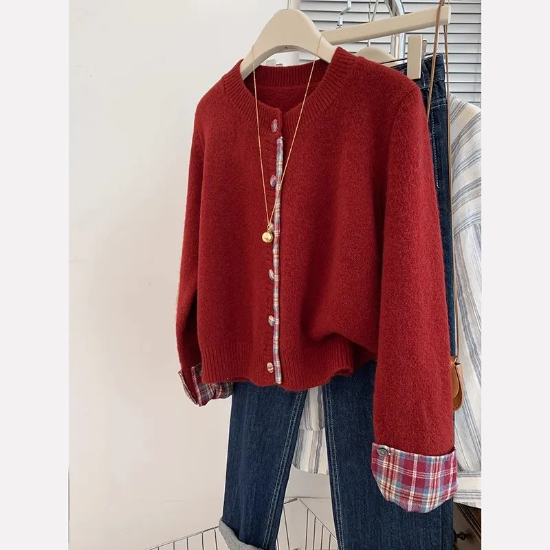 

Red Knitted ort Sweater Coat for Women Winter New Year's Faionable Cact Design High-End Feel Commute Sle Long Sve