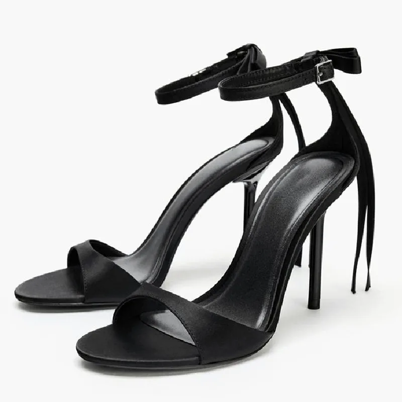 

Satin Black Elegant High Heels Women Bowknot Fashion Ankle Buckle Fine Heeled Sandals Open Toe Sexy Brand Banquet Party Shoes