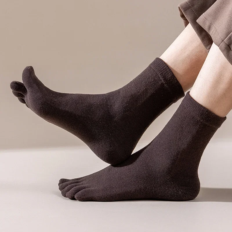 Meias masculinas de lã com cinco dedos, curtas, grossas, sólidas, absorventes de suor, vestido de negócios, macio, respirável, manter o calor, meias térmicas de inverno