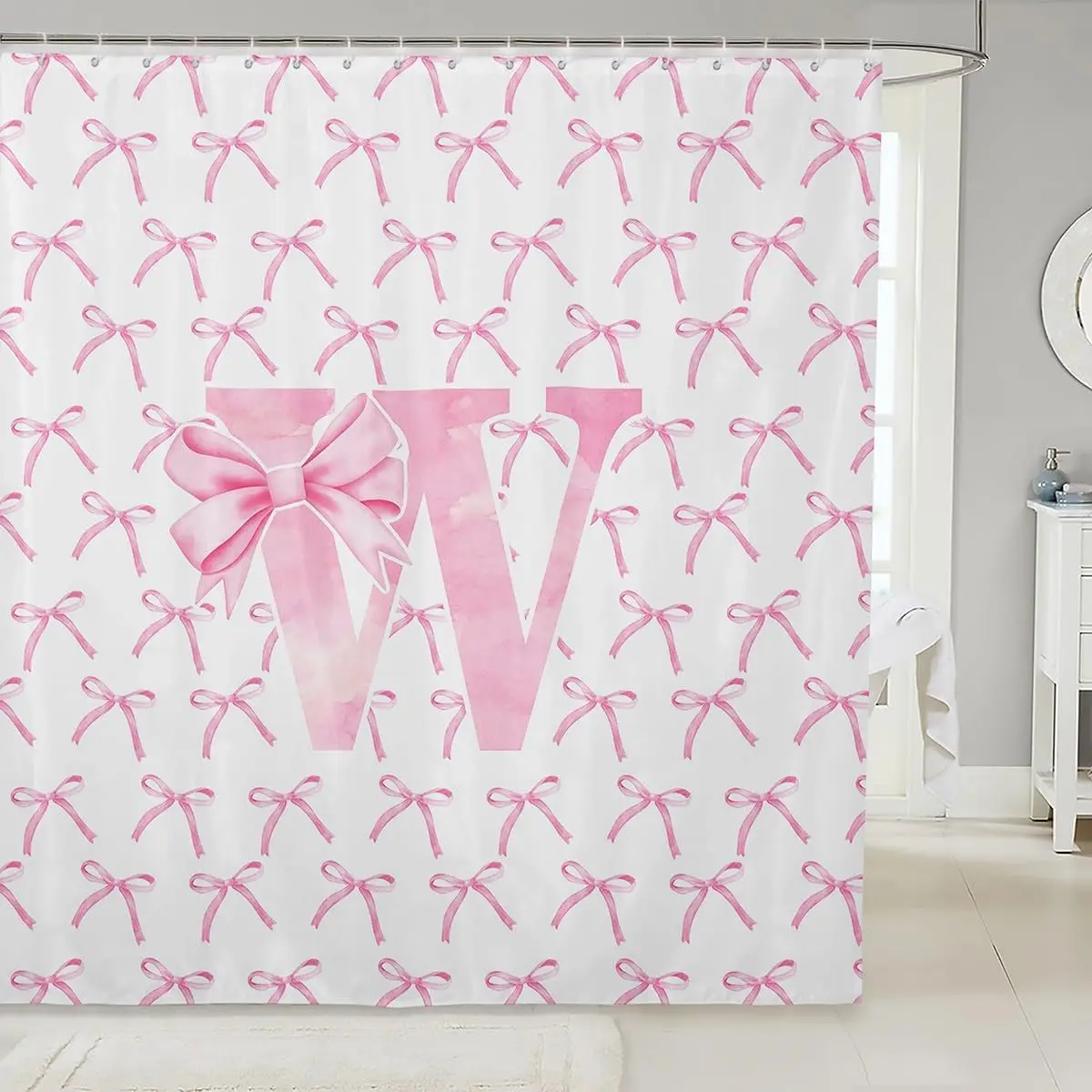 

Manfei Cartoon Bowknot Pink Bow Pattern Letter W Shower Curtain Cute Monogram Design Bathroom Decor For Girls