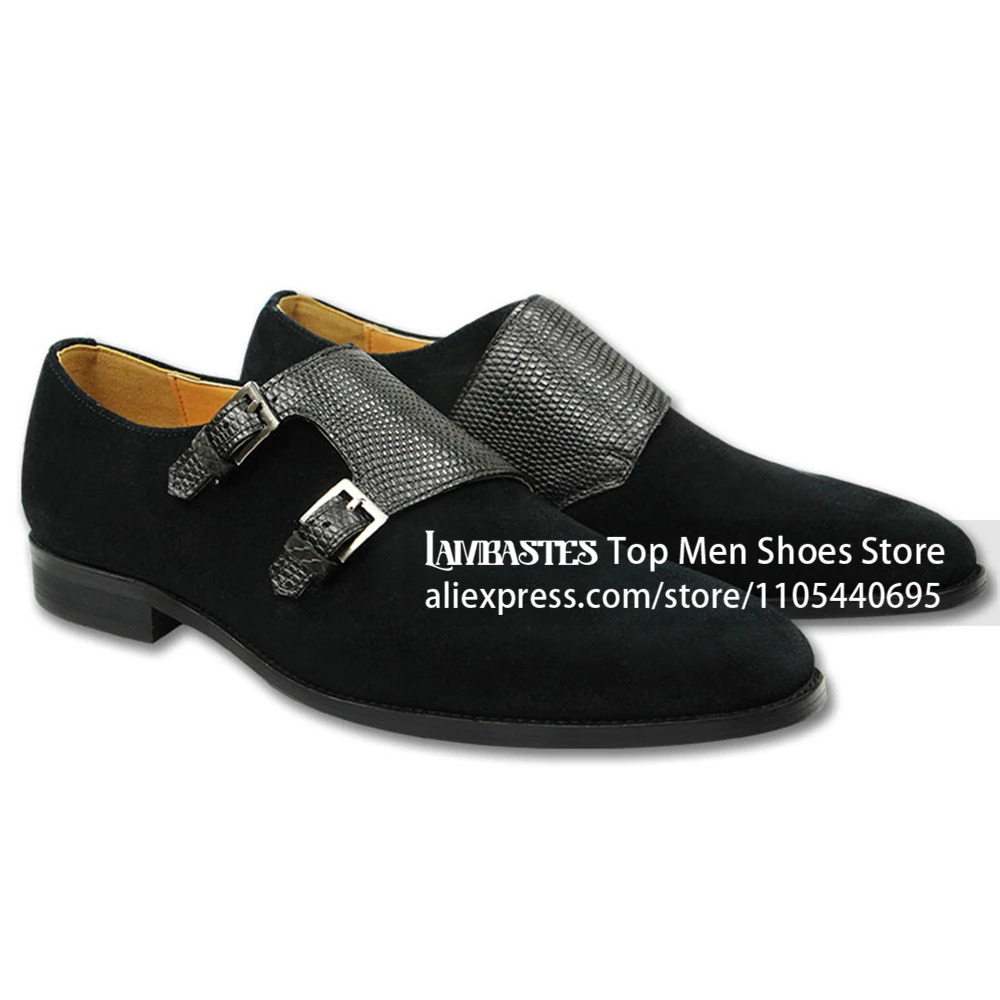 Black Suede Double Monk Strap Dress Shoes Lizard Embossed Patchwork Pointed Business Leather Shoes Splicing Formal Shoes for Men
