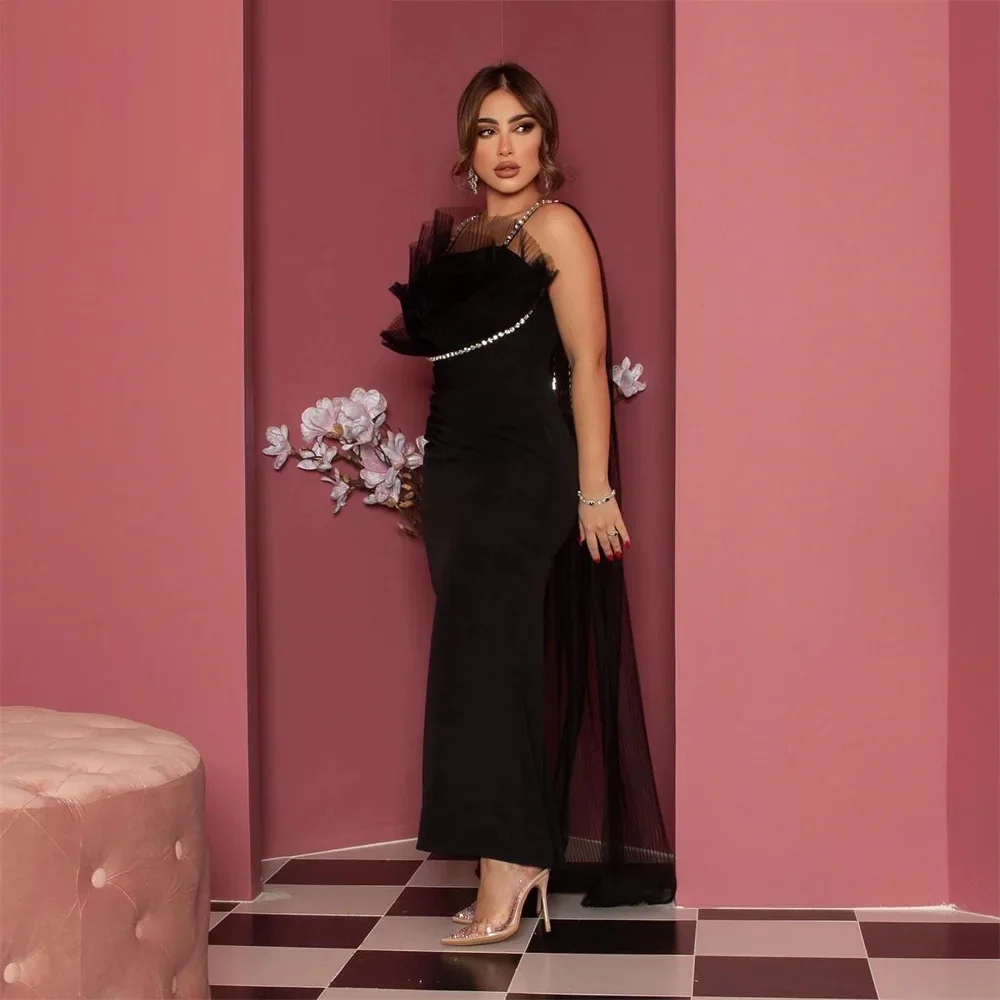 Muloong Black Rhinestone Spaghetti Straps Women Party Dresses Straight Ankle Length Prom Gown Tulle Train New 2023 فساتين السهرة