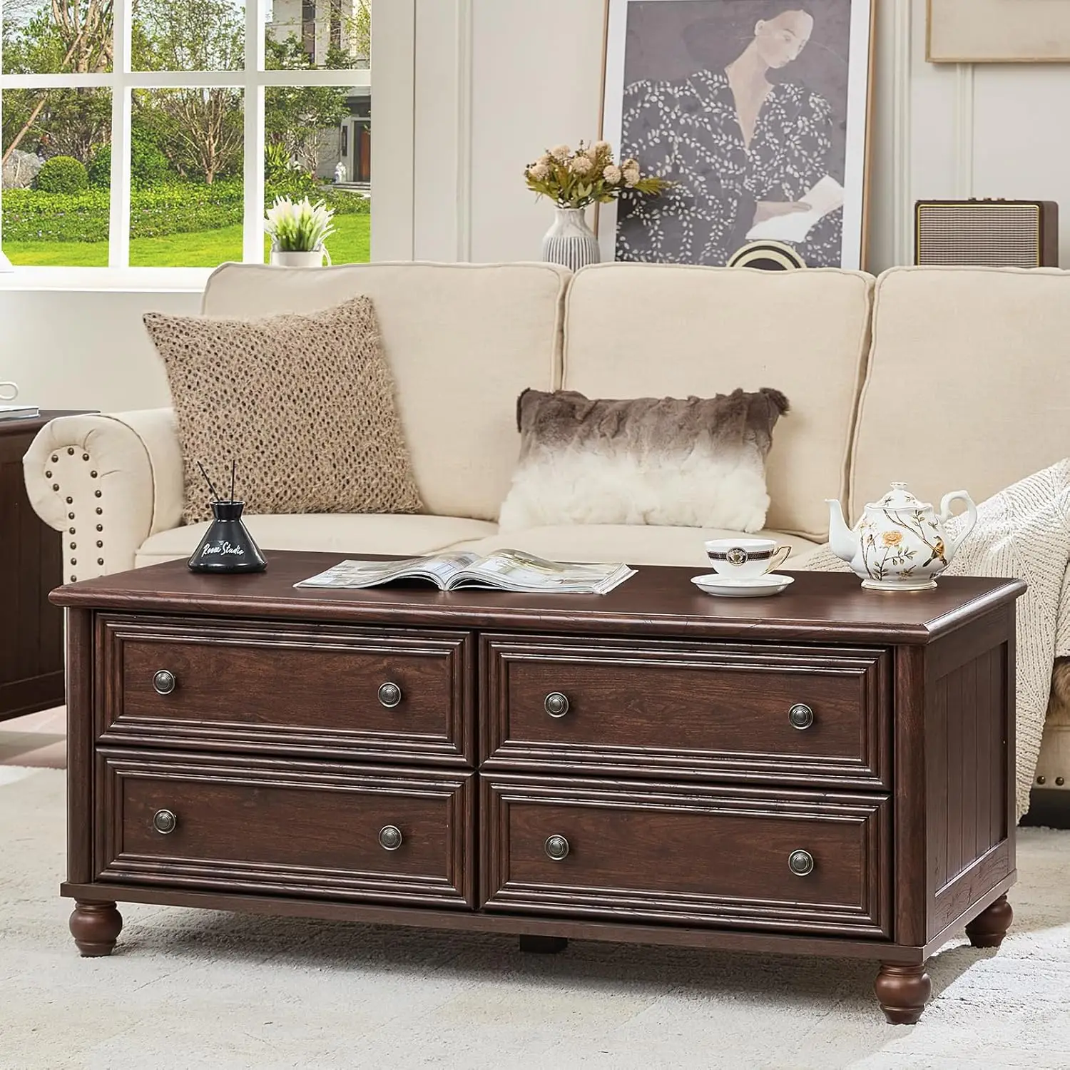 

48" Storage Wooden Coffee Table 4 Drawers Roman Handle Rustic Curved Base Living Room Office Walnut,Customized