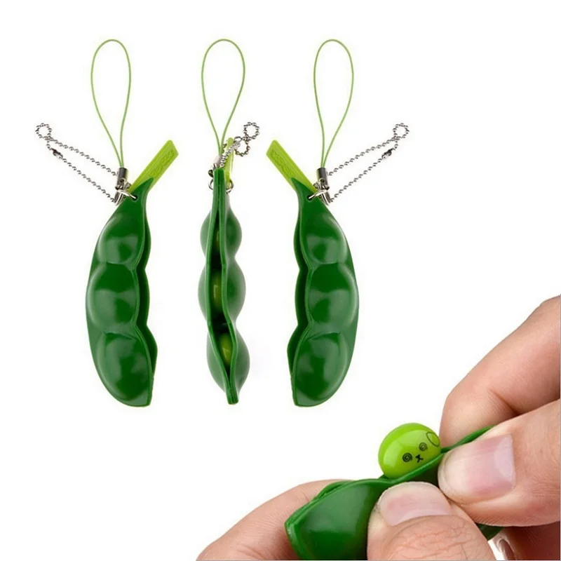 New Creative Extrusion Pea Bean Soybean Edamame Stress Relieve Toy Keychain Cute Fun Key Chain Ring Paty Gift Bag Charms Trinket