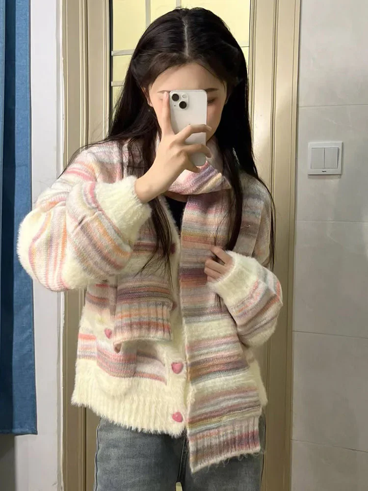 KOSAHIKI Rainbow Striped Cardigan Women Kawaii Heart Button Japanese Soft Sweet Knitted Sweater Coat Harajuku Y2k Kardigany