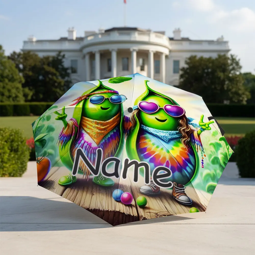 Custom Name umbrella,Colorful Happy Peas Folding Umbrella,Funky Tie-Dye Peace Design with Sunglasses,Umbrella for Sunny Rainy