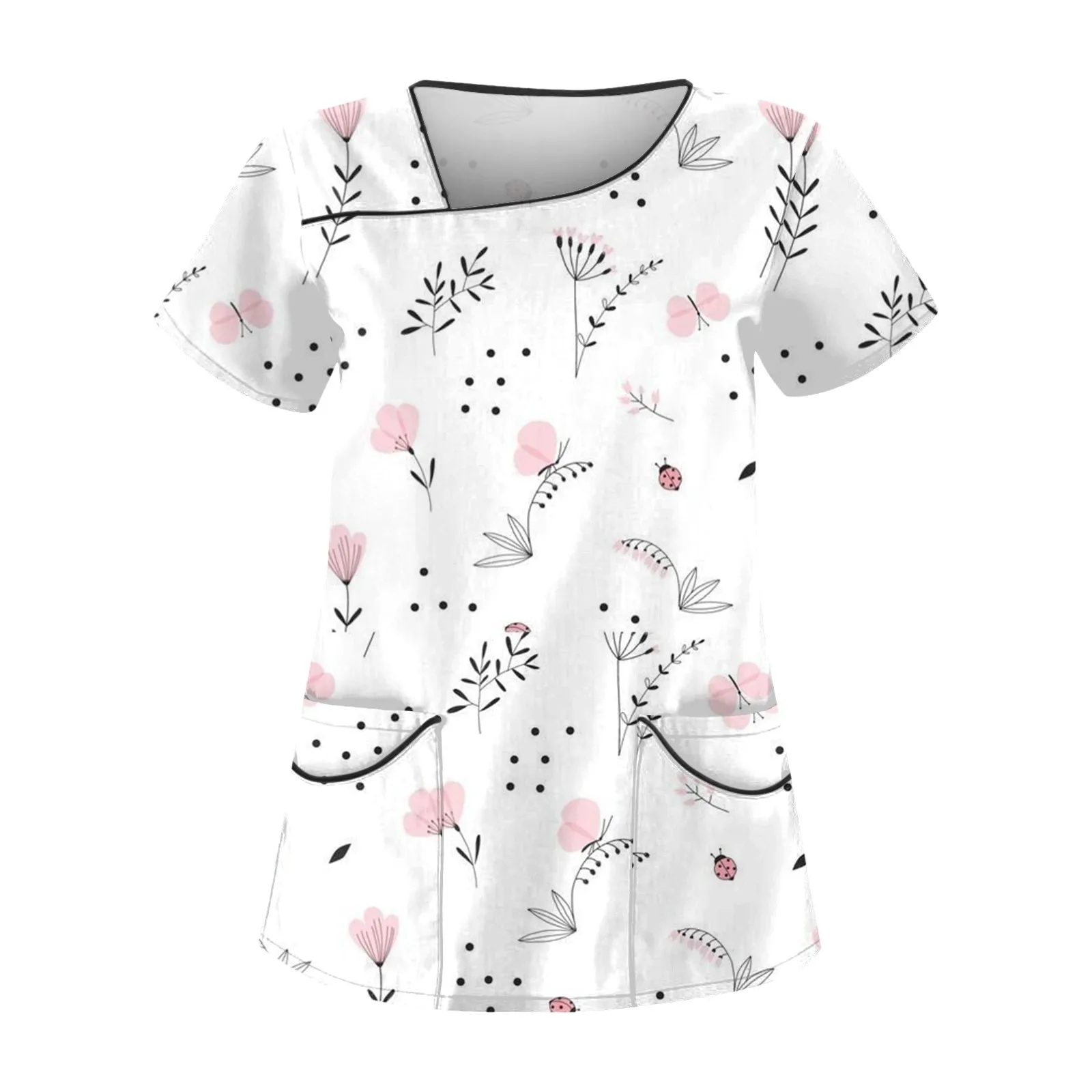 Slanted Collar Pocket Care Workwear T-Shirt Tops Clinic Working Clothing Short Sleeve Scrub Print Nurse Uniform for Lady