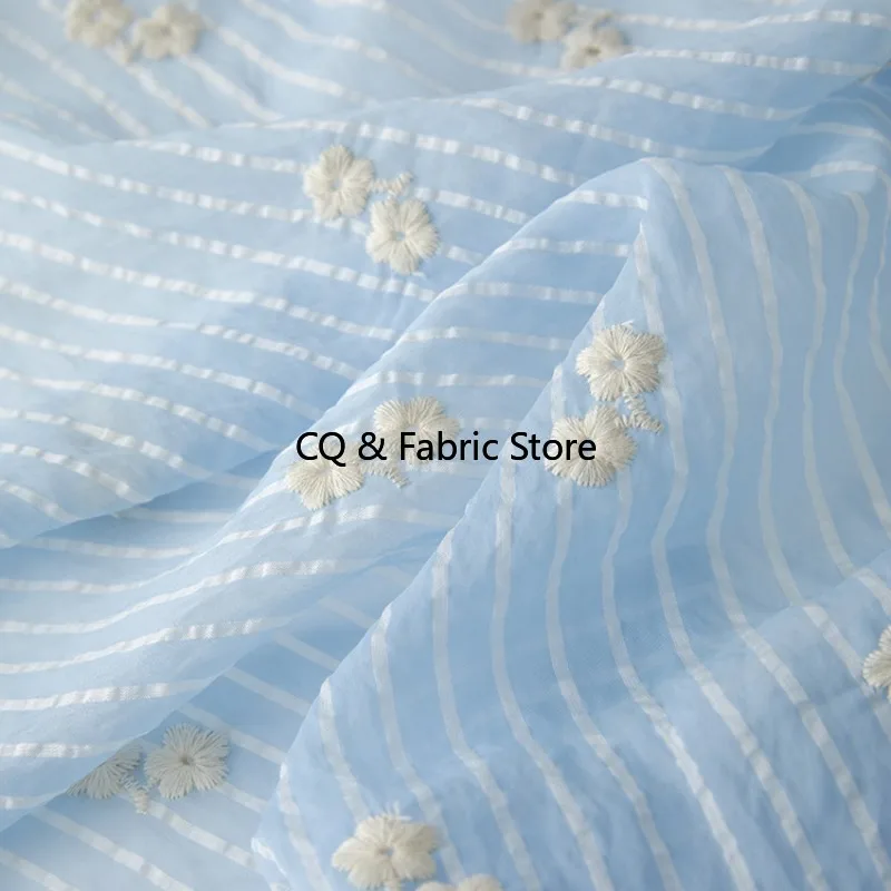 

Light Blue Floral Embroidered Gauze Fabric For DIY Dress Baby Clothes Shirt Making By The Yard