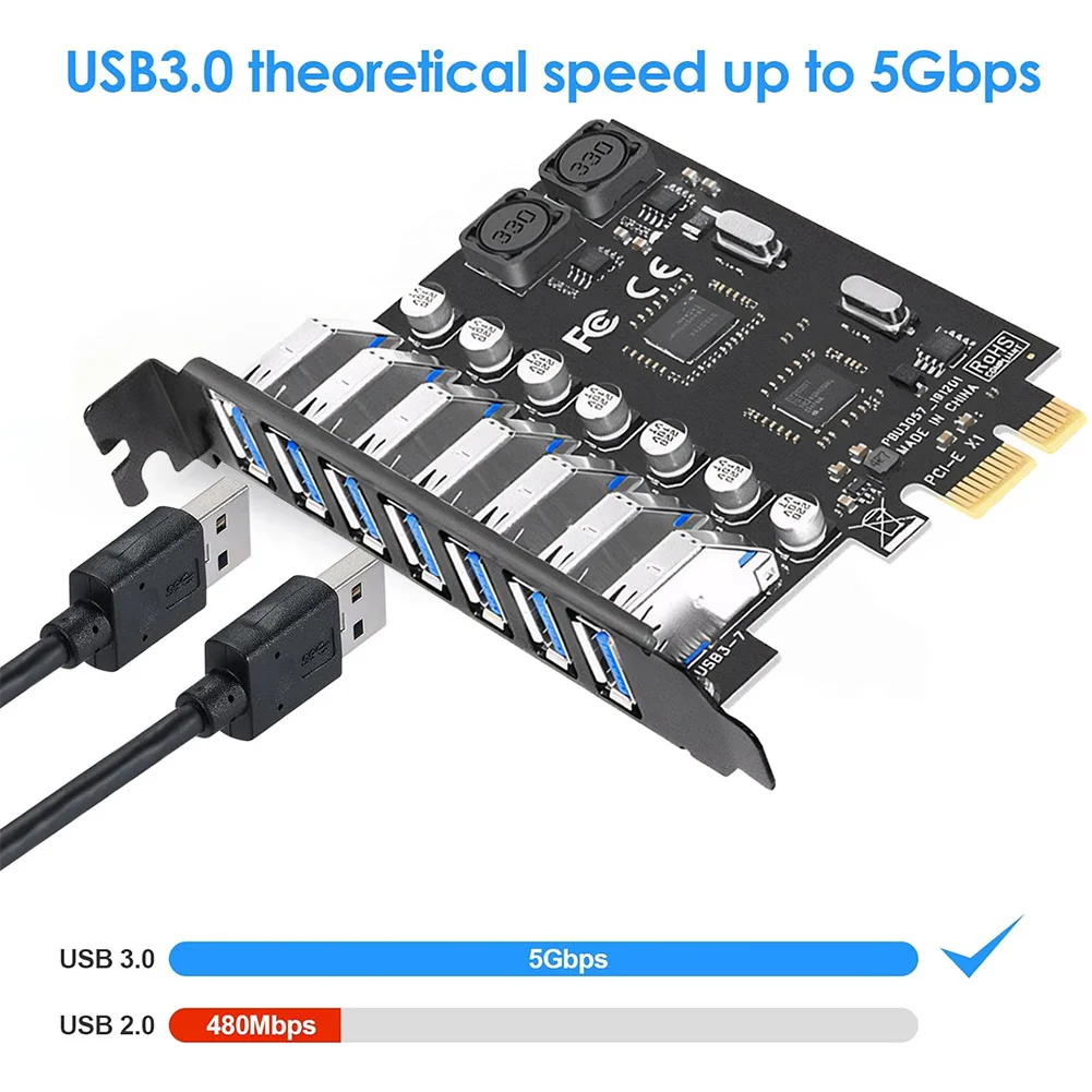 7 Ports USB 3.0 PCI-E Erweiterungskartenadapter 5 Gbit/s PCI Express Connector Externer Controller für Windows 11/10/8/7/XP/Linux