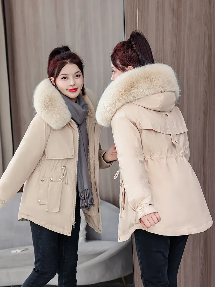 

Parkas Coat Womens Autumn Casual Hoody Plaid Padded-Cotton Loose Pocket Insulation Mock Waist-Cinching Solid Trendy Minimalist