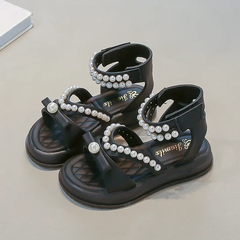 Girls Princess Shoes High Top Hook&loop Kids Sandals Sweet Bows Beading 2025 Summer New Children Beach Shoes Open Toes Soft Sole