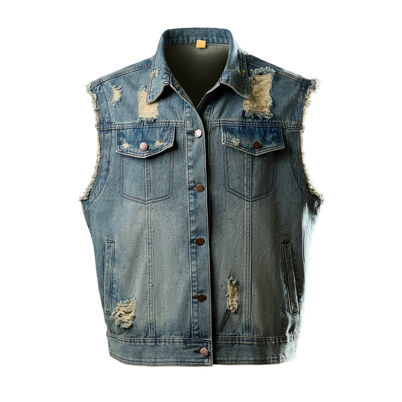 

Men's Washed Ripped Denim Jacket High Quality Shiny Stage Performance Cowboy Waistcoat Punk Rock Denim Vest Y2k Style