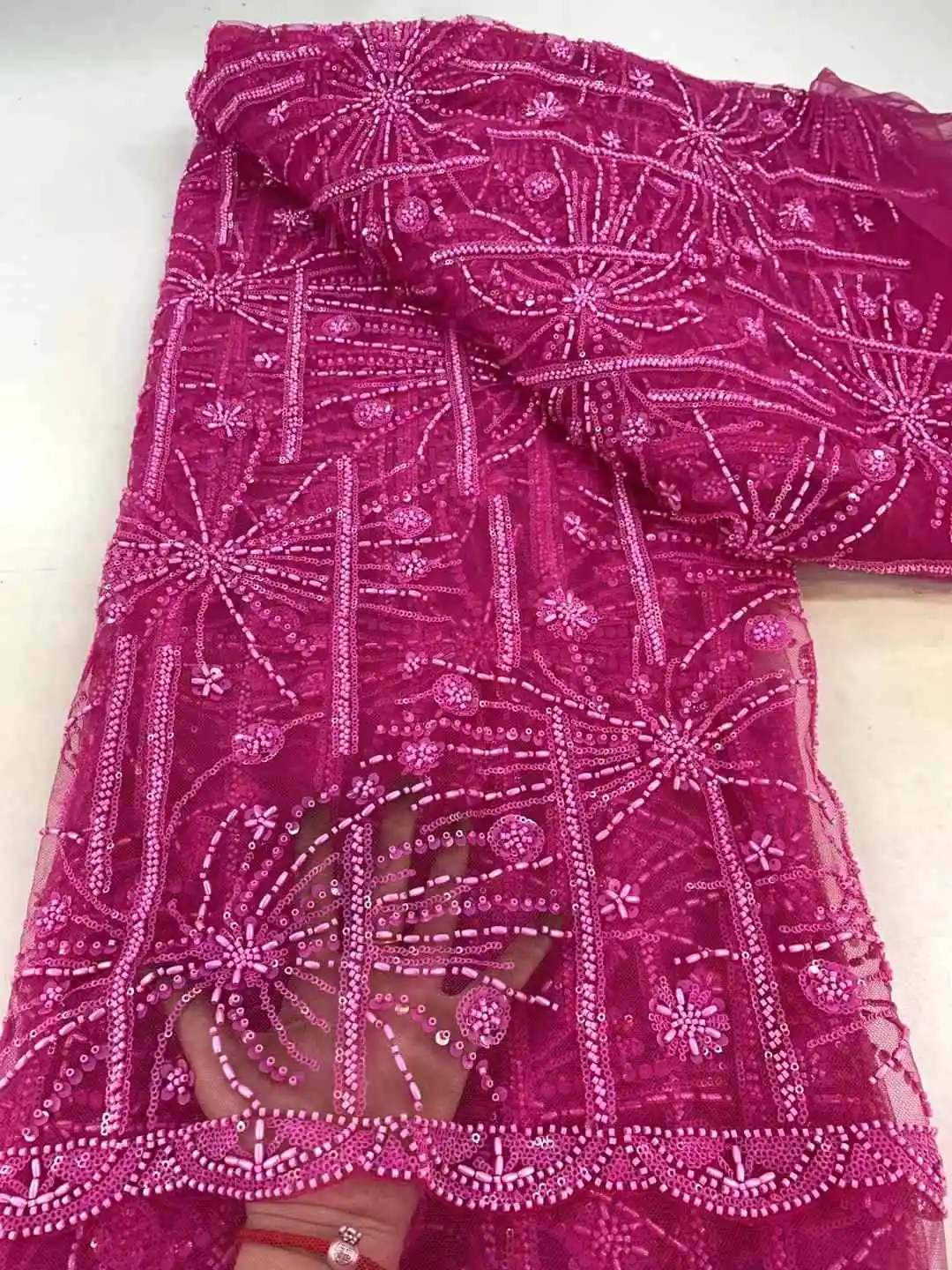 African Beads Lace Fabric 2025 French Luxury Sequins Lace Fabric Sewing Embroidery Lace Tulle Beads Nigeria Party Dress 5 Yards