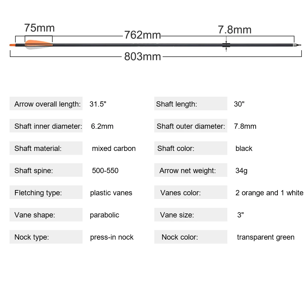 Flecha de carbono mixto para tiro con arco, columna vertebral de 31 pulgadas, 500 de diámetro, 7,8mm, compuesto/recurvo, 12/24 unidades