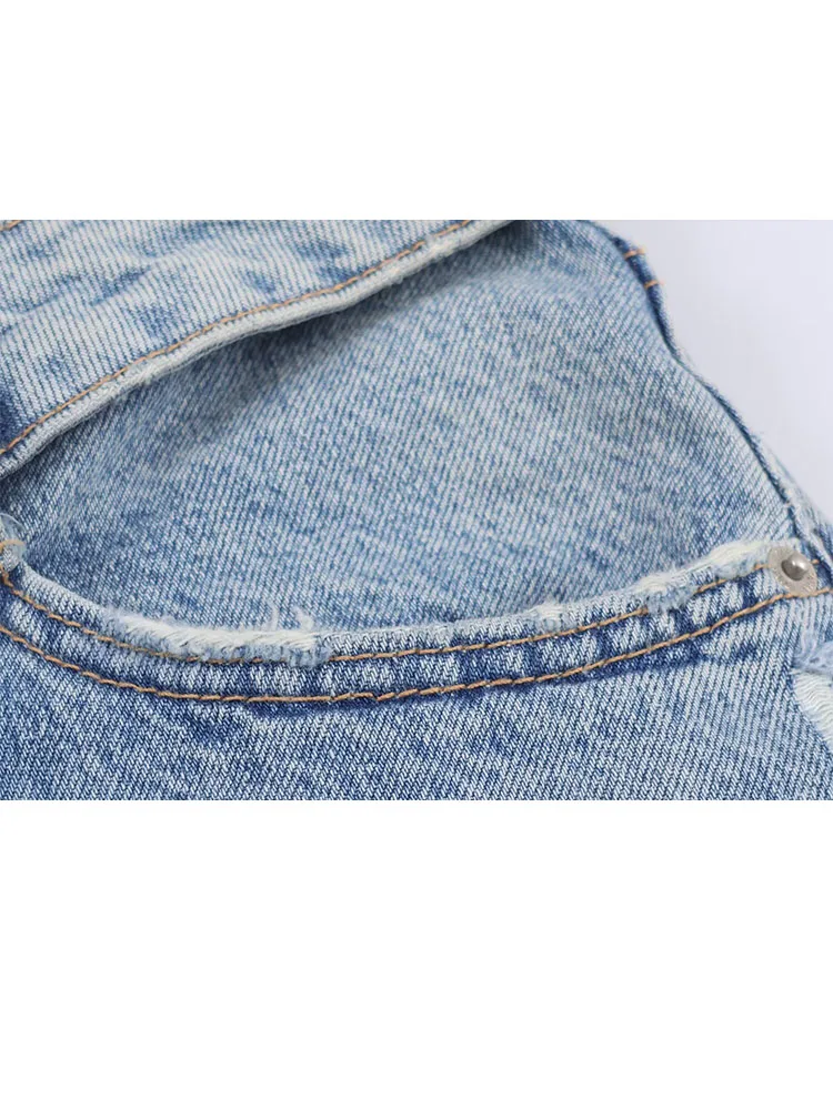 

HH Women's New Fashion Retro Versatile Mid-Waist Turn-Down Jeans Female High Street Casual Ripped Decorative Long Wide Leg Pants