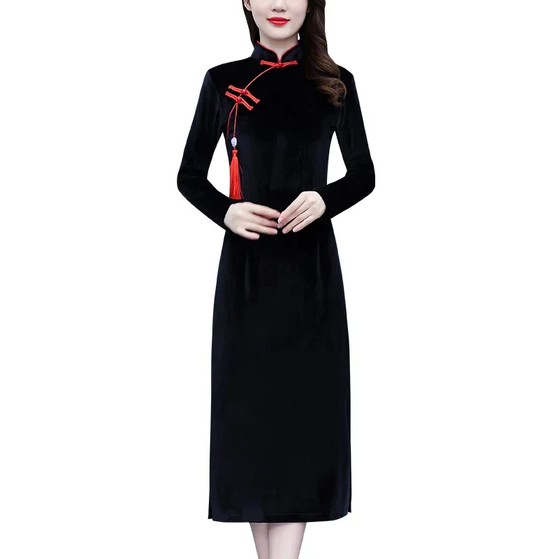 Cheongsam mejorado de estilo chino, vestidos de fiesta por debajo de la rodilla de terciopelo dorado para mujer, vestido negro elegante de manga larga ajustado con abertura