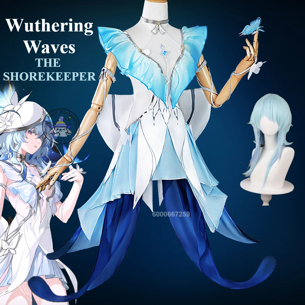 Wuthering Waves Game The Shorekeeper Cosplay Costume Women Role Play Sexy Cute Blue Dress Uniform Wig Outfit Halloween Party