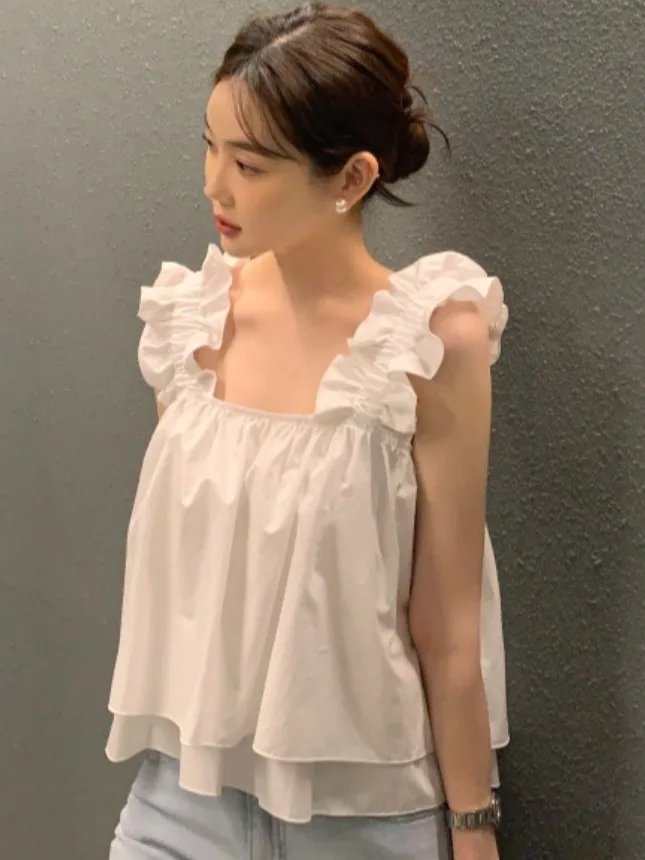 Summer Design Loose Doll Shirt Vest Top Women's Fashion Square Collar Bone Exposure Wooden  Ear Quality Casual Style