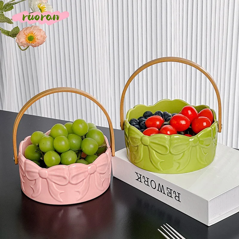 

Light Luxury Ceramic Fruit Basket with Bow Handle High End Candy Nut Snack Tray Home Gift