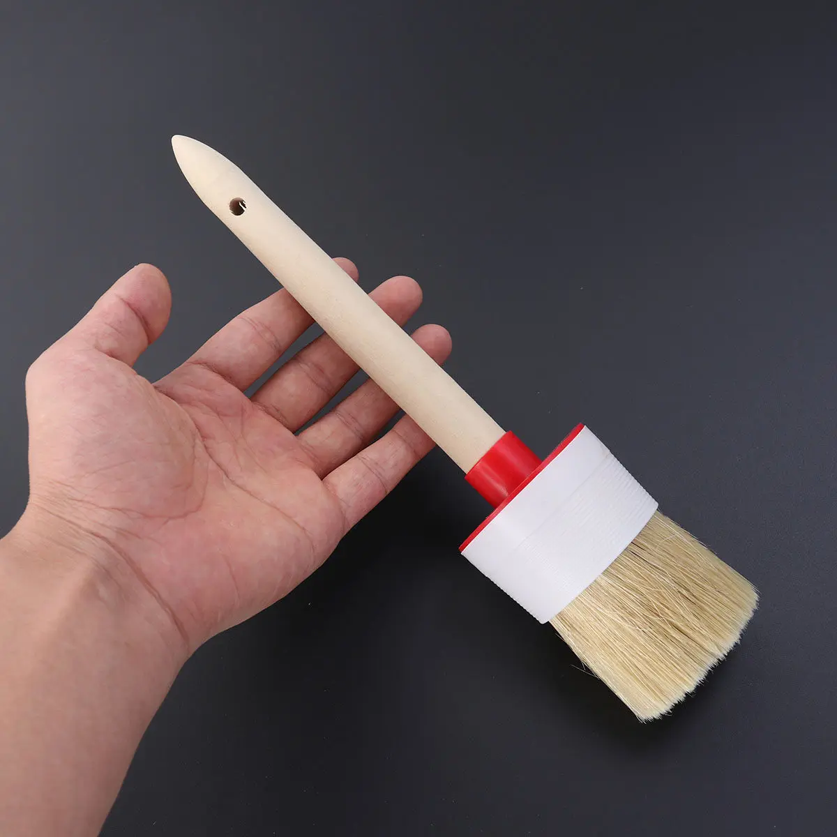 Boar Hair Detail Brush Round Head Wood Handle for Wheels Cleaning Thorough Decontamination Non Skid Smooth Grip 60Mm Bristle