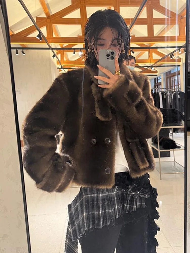 Casual Fur Coat Women's ort Plu Button up Collar Vintage Sle Artificial Hair Warmth Long Sve Stand Fit Straight Hem