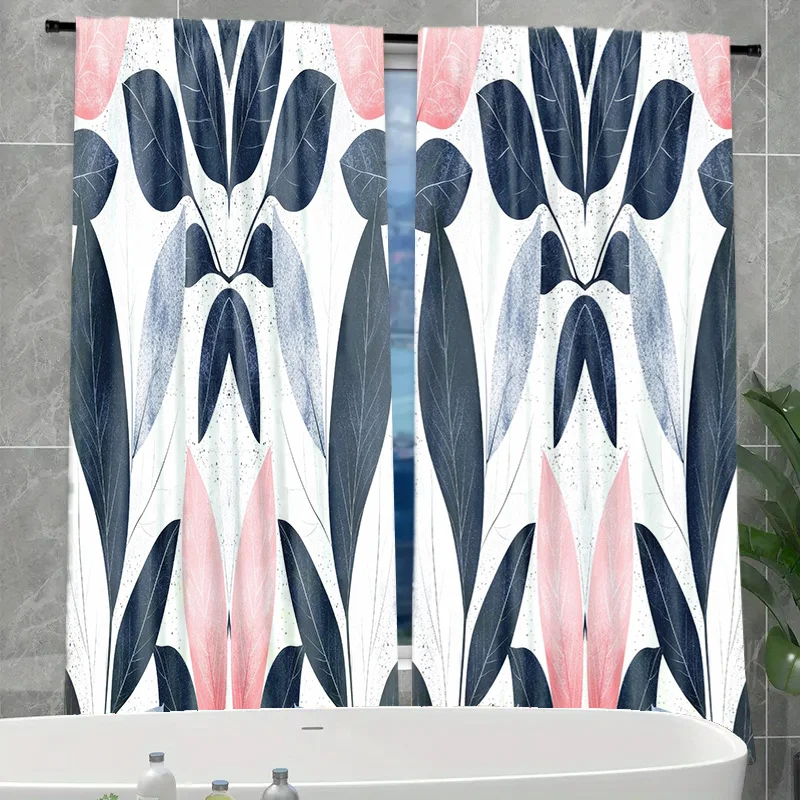 Modern Abstract Botanical Leaf Print Curtains Navy Blue Pink Contrast Drapery Panels for Living Room Window Home Decoration
