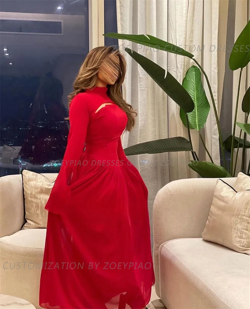 Formal Dress Elegant Red Chiffon A Line Evening Dress Long Sleeves High Neck Custom Made Arabic Formal Prom Party Gown 2024