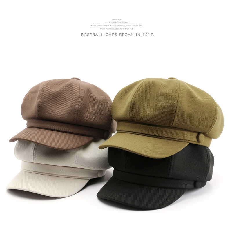 

Octagon personality Vintage ladies Spring and Autumn solid color dome light panel painter hat outdoor travel cold warm beret