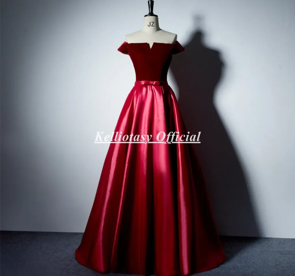 

Customized Satin Prom Dresses Off Shoulder Burgundy Modern Women Party Dress With Lace Up Back