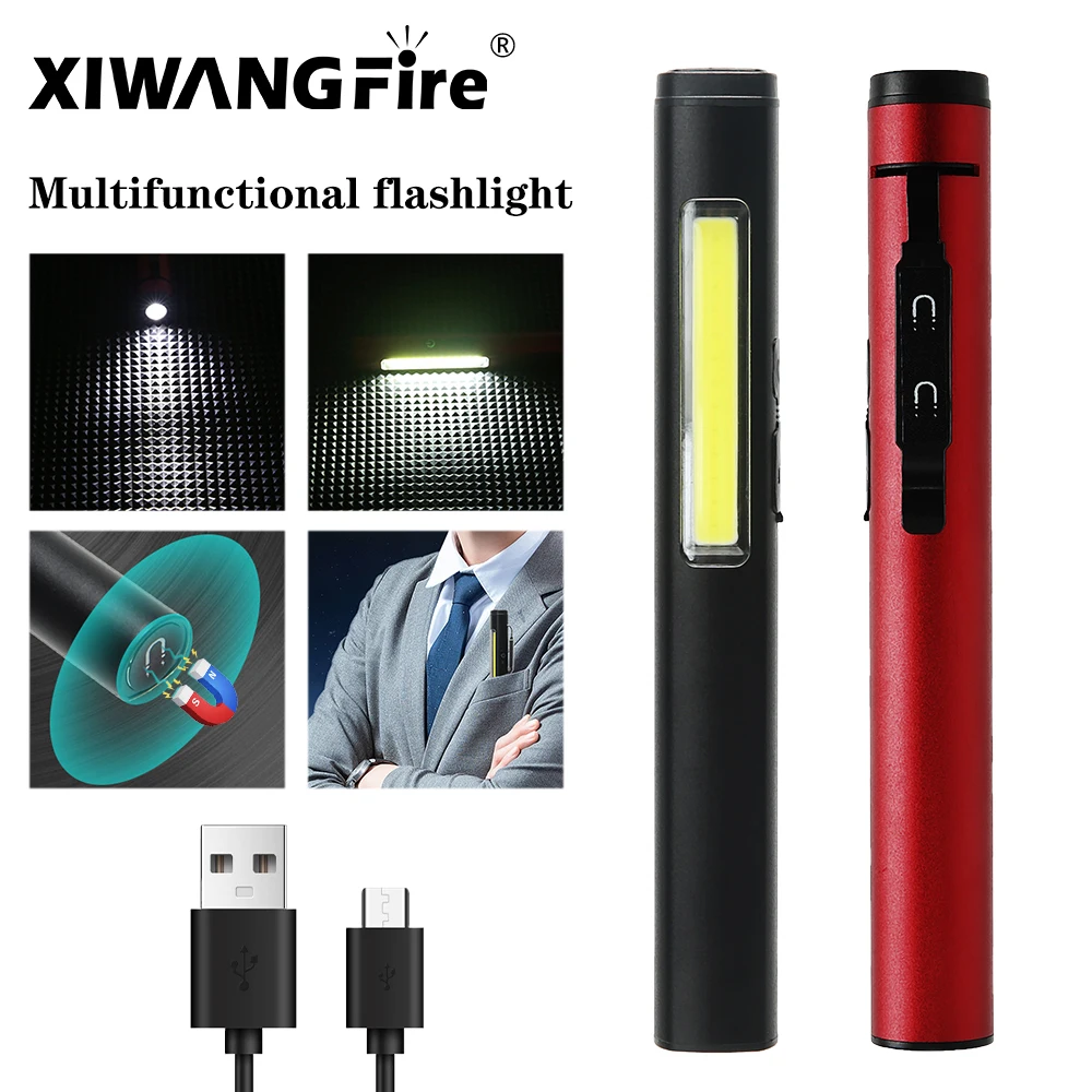 Portable LED Flashlight COB Floodlight and XPE High Beam Aluminum Alloy Pen Clip Work Light Built In Battery with Tail Magnet