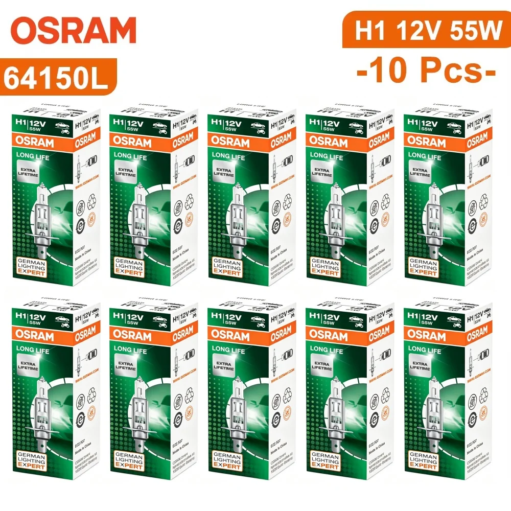 OSRAM 10pcs H1 12V 55W 64150L LONG LIFE P14.5s Standard Light Car Halogen Headlight Auto Bulb 3200K Original Lamp OEM Quality
