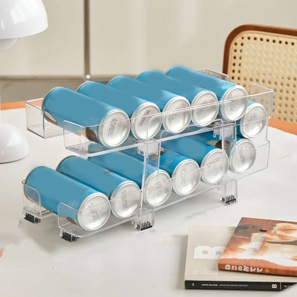 

Plastic 2 Layer Beverage Storage Box Automatic Rolling Retractable Beverage Can Organizer Clear Adjustable Width