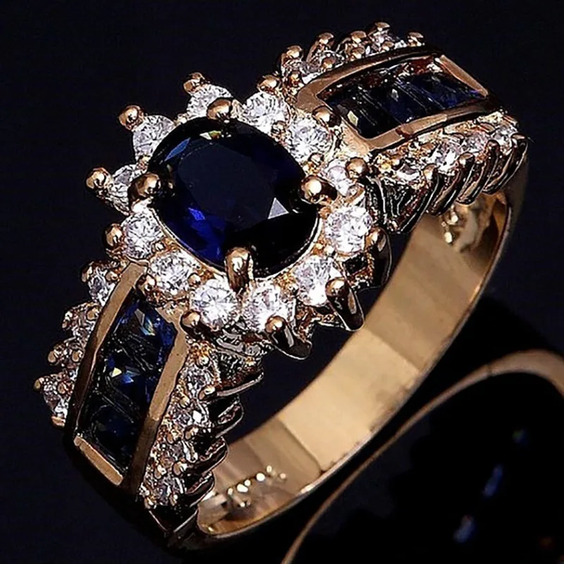 2024 new Luxurious Blue Red Zircon Fashion Men\'s and Women\'s Rings Gold Color Anniversary Unisex Jewelry Wedding Rings Wholesale