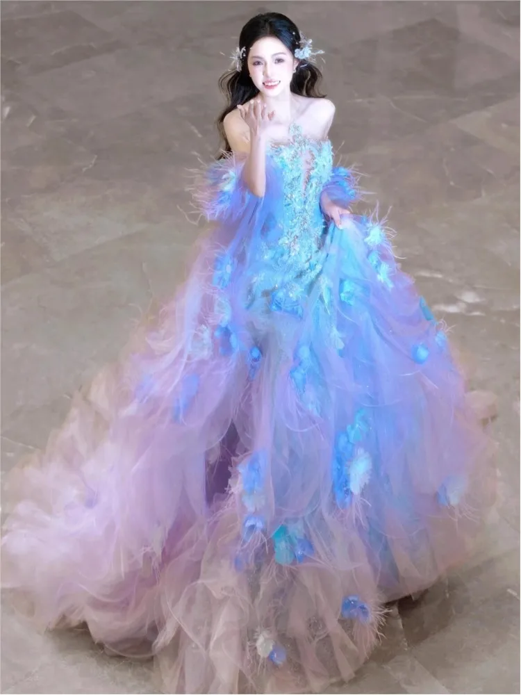 

Dreamy Haute couture heavy industry luxurious beaded and diamond-encrusted purple three-dimensional flower light puffy skirt