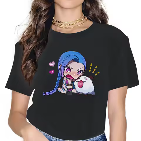 Cute Jinx Women Tshirts Arcane League of Legends LOL Anime Grunge Vintage Female Clothing Large Cotton Graphic Streetwear