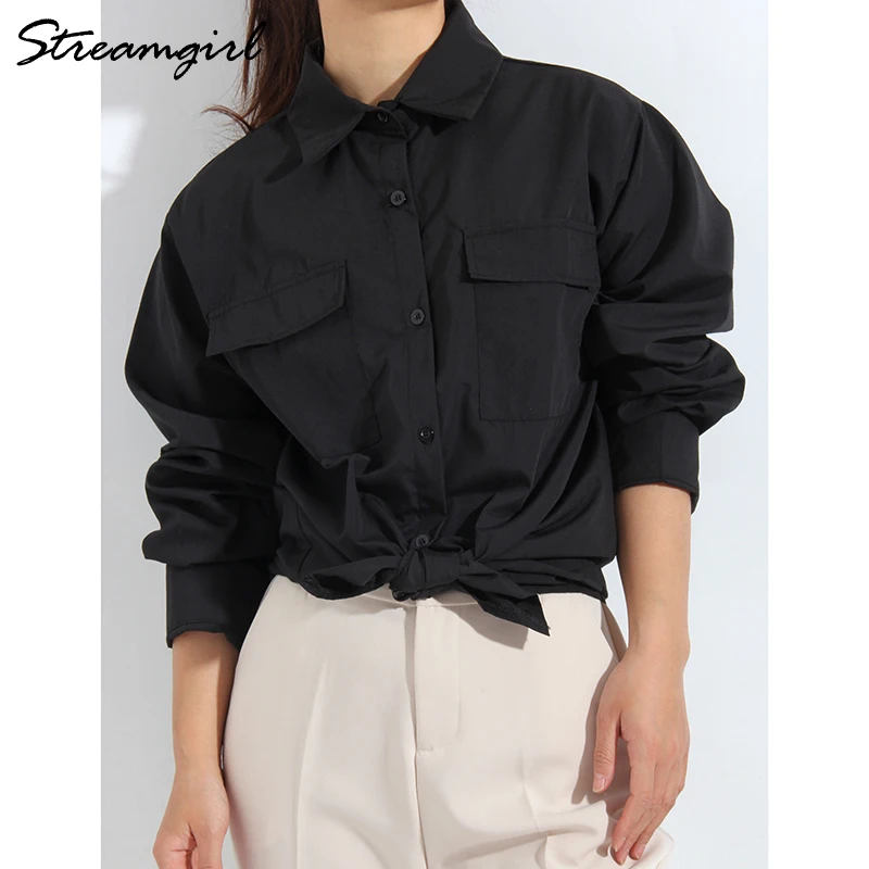 White Shirt For Women Oversize 2022 Black Loose Tunics Cotton Fashion Woman Blouses 2022 Women\'s Oversized Shirt With Pocket