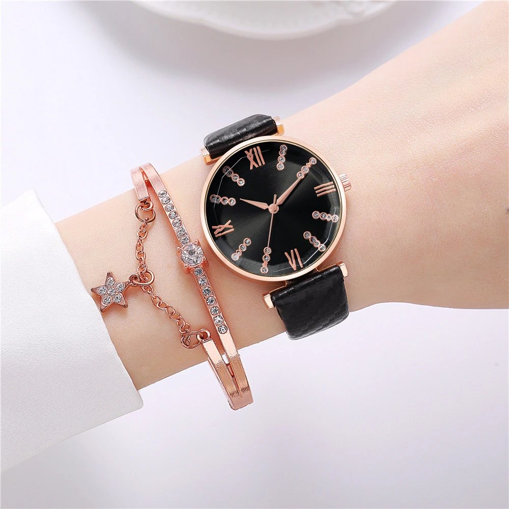 Lujo 2 piezas conjunto de las señoras de marca Relojes de moda número romano con diamantes Mujeres Reloj de cuarzo de cuero negro Relojes de pulsera