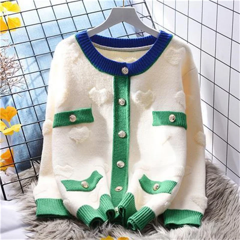 New Spring Autumn Knitted Cardigan Women's Jacket Short Long Sleeve Loose Color blocking Lady Sweater Jackets Casual Tops