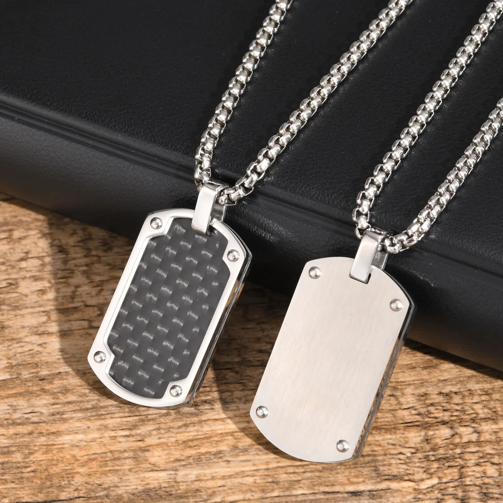 Vnox Mens Luxury Carbon Fiber Dogtag Necklaces,Black Military Dog 