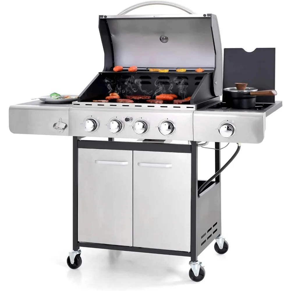 Gas barbecue, stainless steel propane grill for outdoor cooking, cabinet-style garden grill