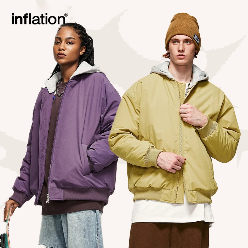 INFLATION Colorblock Detachable Hooded Bomber Coat Men Winter Warm Fake Two Pieces Cotton Padded Baseball Jacket