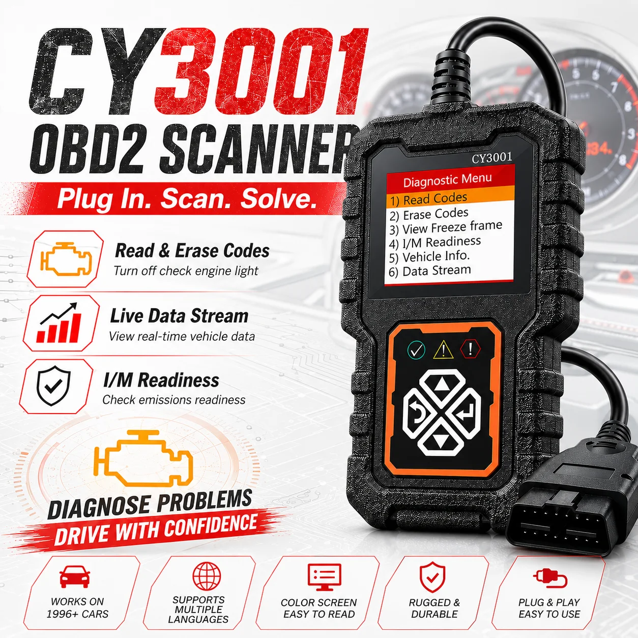 Escáner de código OBD2 para coche, lector de código de escáner de diagnóstico, borrado de código de falla del motor, lectura de código, código de borrado, prueba de batería, luz del motor
