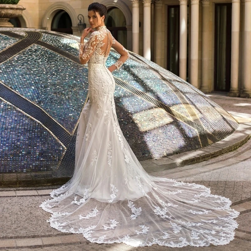 فستان زفاف بوهو بأكمام طويلة مزين بالدانتيل فستان زفاف حورية البحر الوهم الخلفي للشاطئ فيستدوس دي نوفيا حسب الطلب