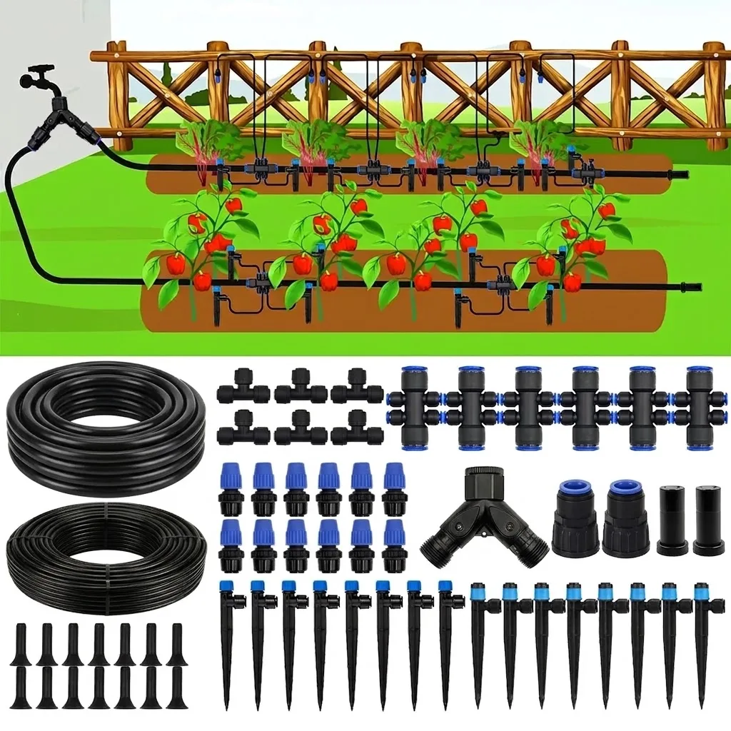 Quick Connect Drip Irrigation System Kit for Automatic Garden Watering with 1/4 and 1/2 Inch Tubing Adjustable Nozzles