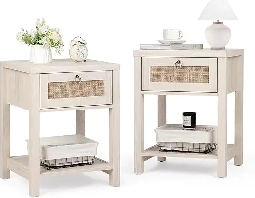 

Rattan Nightstands Set o 2 - armhouse Bede Table Night Stand with Der and Storage Shel, Boho End Side Table or Bedroom, Mesitas