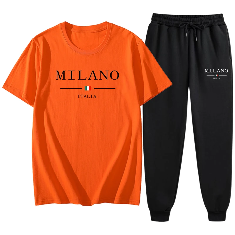 Diskon Besar Pakaian Olahraga Pria Kaus Katun Murni + Celana Jogging Poliester Pakaian Jalanan Gambar Cetak Milan Italia Setelan Olahraga Kasual