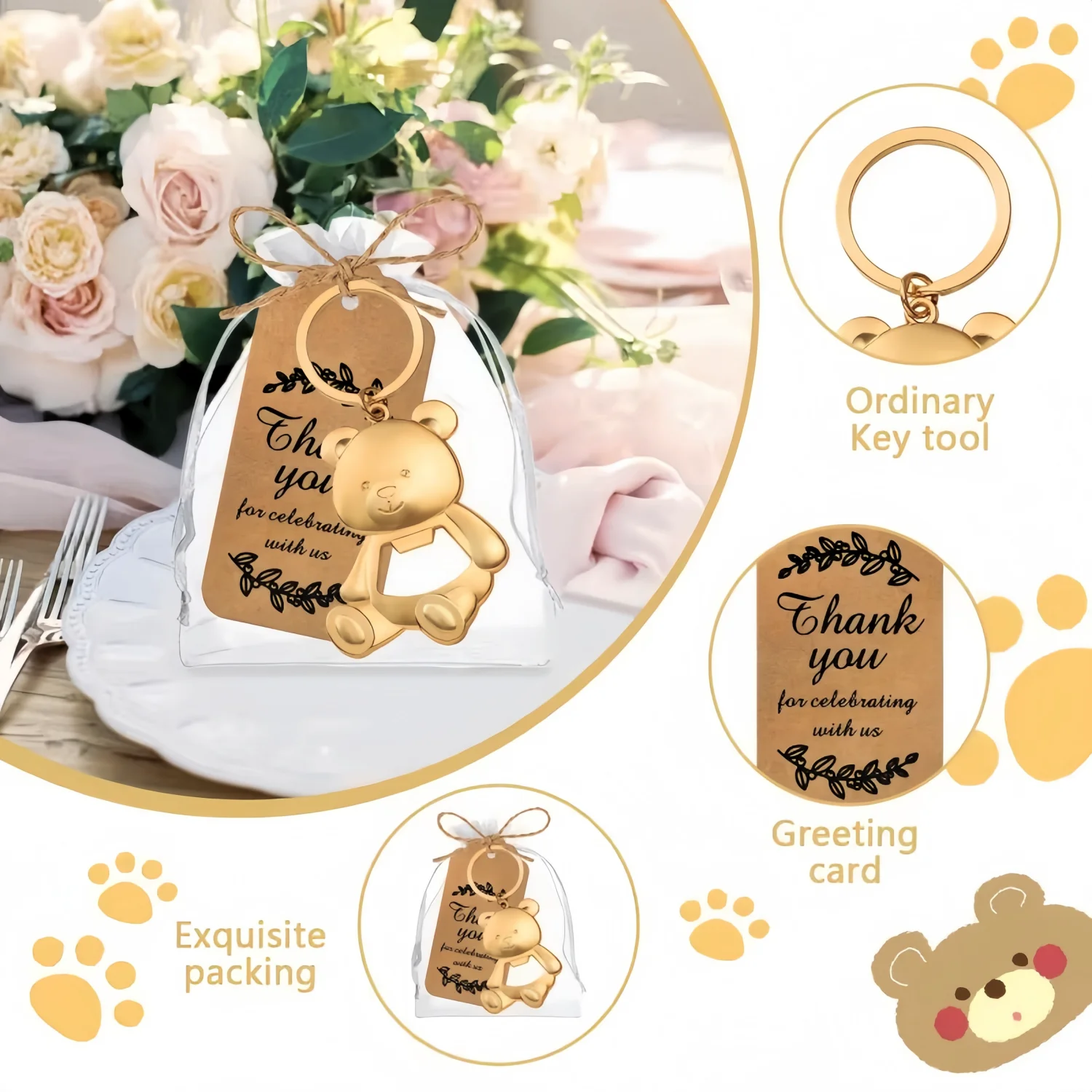 15 Stück/5 Sets Goldener Bär Schlüsselanhänger Flaschenöffner Geschenkset für Geburtstag, Hochzeit, Halloween, Weihnachten und Festliche Anlässe