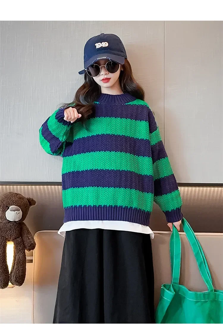 Korean Autumn Winter Children Girl Pullover Teenager Girl Wheat Jacquard Stripe Knitted Sweater School Girl Knitwears Tops